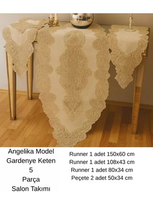 Bezos Salon Takımı 5 Parça Keten Dantelli Masa Örtüsü Runner Seti Angelika Model 236- Simli Gold - 150 x 60 cm BZS10