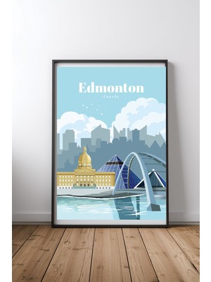 Keyf Home Travel To Edmonton Siyah Çerçeveli Mdf Tablo Poster Salon Duvar Dekoru Hediye