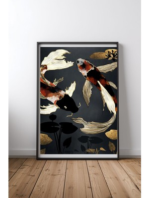 Keyf Home Metallic Koi Iv Siyah Çerçeveli Mdf Tablo Poster Salon Duvar Dekoru Hediye