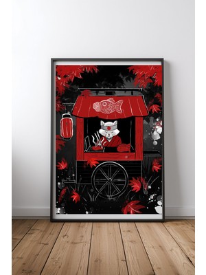Keyf Home Japanese Cat Food Stall Siyah Çerçeveli Mdf Tablo Poster Salon Duvar Dekoru Hediye