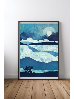 Keyf Home Blue Desert Siyah Çerçeveli Mdf Tablo Poster Salon Duvar Dekoru Hediye