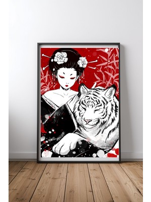 Keyf Home Geisha With White Tiger Illustration Siyah Çerçeveli Mdf Tablo Poster Salon Duvar Dekoru Hediye