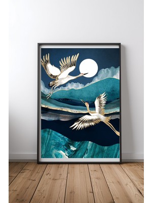 Keyf Home Midnight Cranes Siyah Çerçeveli Mdf Tablo Poster Salon Duvar Dekoru Hediye