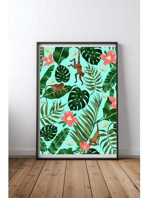 Keyf Home Tropical Garden Mint Siyah Çerçeveli Mdf Tablo Poster Salon Duvar Dekoru Hediye