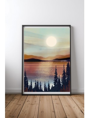 Keyf Home Summer Lake Sunset Siyah Çerçeveli Mdf Tablo Poster Salon Duvar Dekoru Hediye