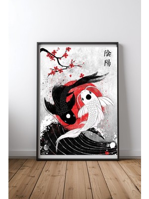 Keyf Home Koi Fish Yin Yang Rubyart Siyah Çerçeveli Mdf Tablo Poster Salon Duvar Dekoru Hediye