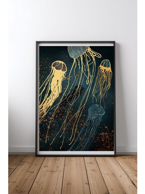Keyf Home Metallic Jellyfish Siyah Çerçeveli Mdf Tablo Poster Salon Duvar Dekoru Hediye