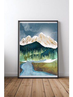 Keyf Home Mountain River Siyah Çerçeveli Mdf Tablo Poster Salon Duvar Dekoru Hediye