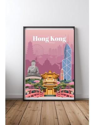 Keyf Home Travel To Hong Kong Siyah Çerçeveli Mdf Tablo Poster Salon Duvar Dekoru Hediye