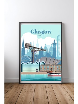 Keyf Home Travel To Glasgow Siyah Çerçeveli Mdf Tablo Poster Salon Duvar Dekoru Hediye