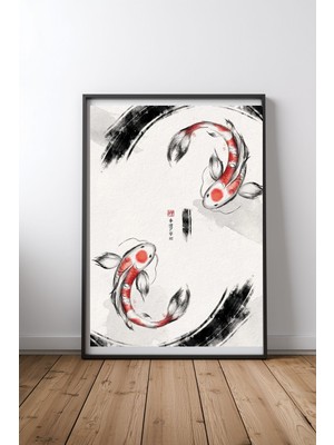 Keyf Home Yin Yang Good Luck Koi Siyah Çerçeveli Mdf Tablo Poster Salon Duvar Dekoru Hediye