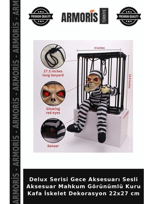 Armoris Delux Serisi Gece Aksesuarı Sesli Aksesuar Mahkum Görünümlü Kuru Kafa Iskelet Dekorasyon 22X27 cm