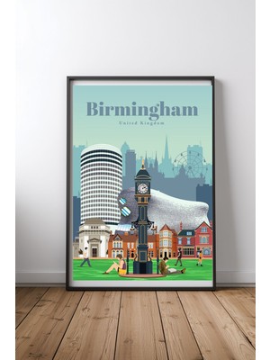 Keyf Home Travel To Birmingham Siyah Çerçeveli Mdf Tablo Poster Salon Duvar Dekoru Hediye