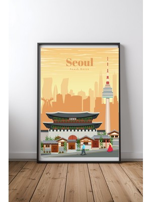 Keyf Home Travel To Seoul Siyah Çerçeveli Mdf Tablo Poster Salon Duvar Dekoru Hediye