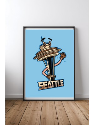Keyf Home Seattle City Icon Badge Siyah Çerçeveli Mdf Tablo Poster Salon Duvar Dekoru Hediye