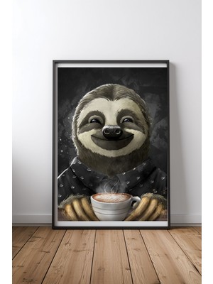 Keyf Home Morning Sloth Coffee Black Siyah Çerçeveli Mdf Tablo Poster Salon Duvar Dekoru Hediye