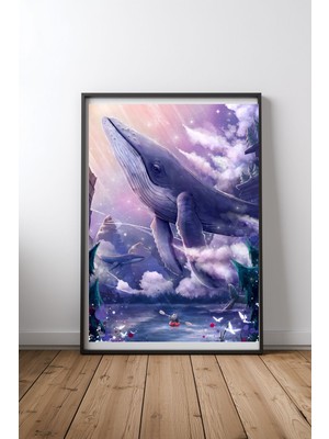 Keyf Home Mystic Whale Fantasy Siyah Çerçeveli Mdf Tablo Poster Salon Duvar Dekoru Hediye