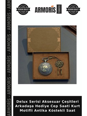 Armoris Delux Serisi Aksesuar Çeşitleri Arkadaşa Hediye Cep Saati Kurt Motifli Antika Köstekli Saat