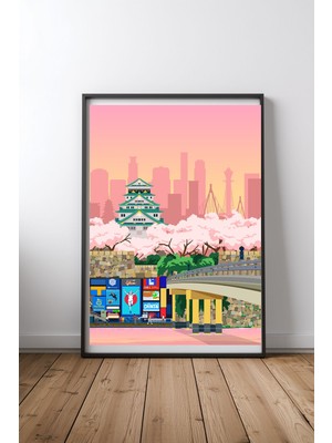 Keyf Home Osaka Travel Print Siyah Çerçeveli Mdf Tablo Poster Salon Duvar Dekoru Hediye