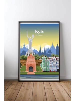 Keyf Home Travel To Kyiv Siyah Çerçeveli Mdf Tablo Poster Salon Duvar Dekoru Hediye