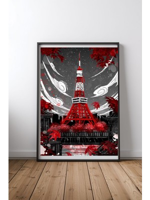 Keyf Home Tokyo Tower In Red And Gray Siyah Çerçeveli Mdf Tablo Poster Salon Duvar Dekoru Hediye