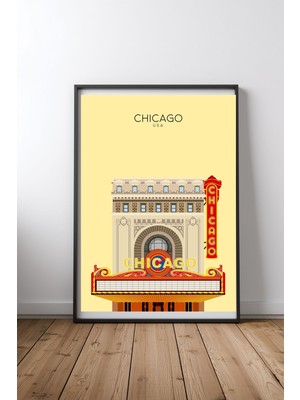 Keyf Home Chicago Travel Snippet Siyah Çerçeveli Mdf Tablo Poster Salon Duvar Dekoru Hediye