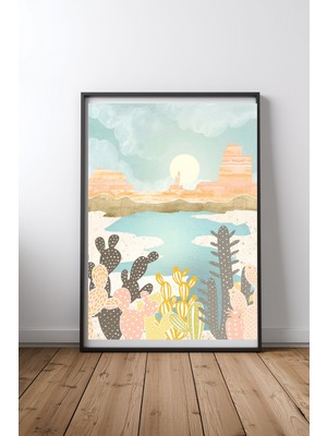 Keyf Home Retro Desert Oasis Siyah Çerçeveli Mdf Tablo Poster Salon Duvar Dekoru Hediye