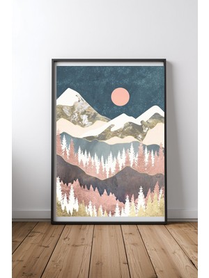 Keyf Home Winter Peaks Siyah Çerçeveli Mdf Tablo Poster Salon Duvar Dekoru Hediye