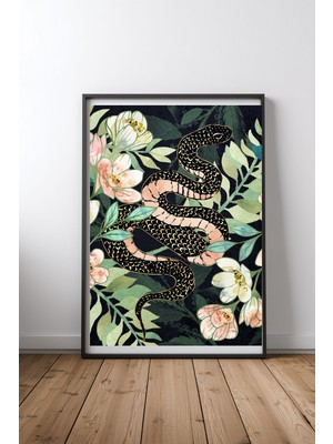 Keyf Home Metallic Floral Snake Siyah Çerçeveli Mdf Tablo Poster Salon Duvar Dekoru Hediye