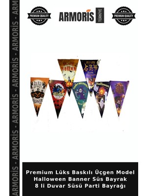 Armoris Premium Lüks Baskılı Üçgen Model Halloween Banner Süs Bayrak 8 Li Duvar Süsü Parti Bayrağı