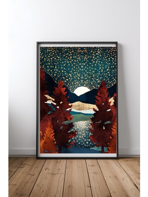 Keyf Home Star Sky Reflection Siyah Çerçeveli Mdf Tablo Poster Salon Duvar Dekoru Hediye