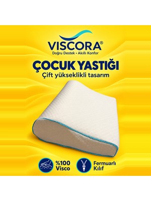 Viscora Çocuk Yastığı – %100 Visco, Çift Yükseklikli Ergonomik Tasarım, Fermuarlı Kılıf 43×28 cm
