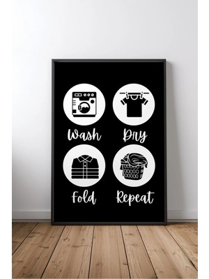 Keyf Home Laundry Cycle Infographic In Black And White Banyo Yazılı Çerçeveli Mdf Tablo Poster Banyo Hediye