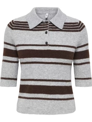 Only Onllouisia Kadın Polo Yaka Çizgili Kısa Kollu Triko Bluz Light Grey Melange