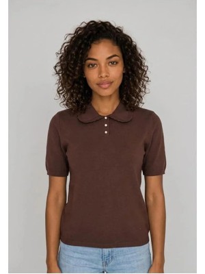 Only Onlcinderel Kadın Polo Yaka Kısa Kollu Düğmeli Triko Bluz Coffee Bean Kahverengi