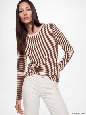 LC Waikiki Lcw Everyday Bej Bisiklet Yaka Çizgili Kadın Body