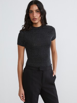 LC Waikiki Lcw Modest Metalik Dik Yaka Parlak Görünümlü Kadın Body