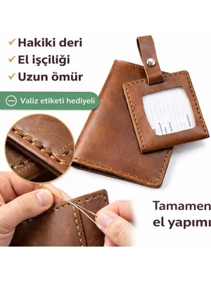 Happy Trend Hakiki Deri Pasaport Kılıfı & Valiz Etiketi Seti – El Yapımı Unisex Pasaport Cüzdan – 4 Kart Bölmeli, Bilet Cepli, Seyahat Organizeri, Dayanıklı Deri Pasaportluk - (Kahverengi)
