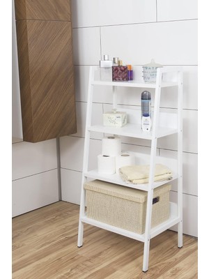 Happy Trend MDS4KONBYZ002 Metal Ahşap Dekoratif Aöık Banyo Dolabı Konik Banyo Rafı 4 Raflı Beyaz Çok Amaçlı Banyo Organizer