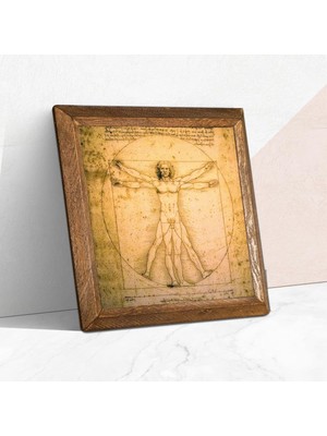 Happy Trend Leonardo Da Vinci Vitruvius Adamı Taş Duvar Tablosu - Ahşap Çerçeveli Taş Tablo - 25X25 cm - Dekoratif Duvar Sanatı - Modern Ev ve Ofis Duvar Dekoru W1-17