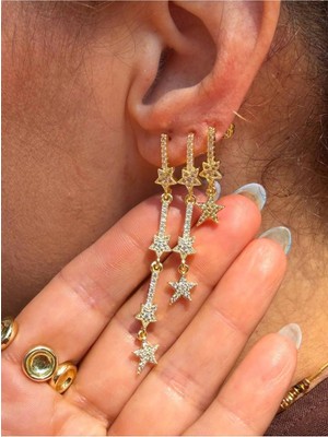 Goldensisters Jewelry Üçlü Gold Yıldız Taşlı Sallantılı Küpe