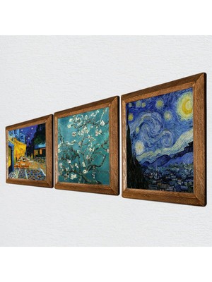 Happy Trend Van Gogh Kafe Terasta Gece, Yıldızlı Gece, Badem Ağacı Taş Duvar Tablosu - Ahşap Çerçeveli Taş Tablo - 25X25 cm - 3 Parça Set - Dekoratif Duvar Sanatı - Modern Ev ve Ofis Duvar Dekoru W3-461