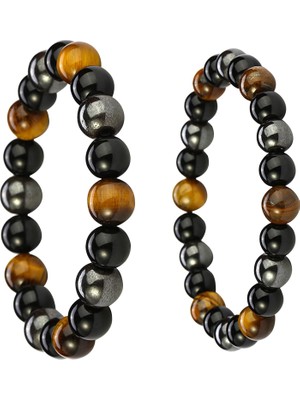 Happy Trend Enerji Taşları Yoga Bileklikleri 2 Adet Siyah Obsidyen Kaplan Gözü Taş Hematit Bileklik Kaplan Gözü Üç Katlı Bileklik Gerçek Kaplan Gözü ve Hematit Bileklik Erkekler ve Kadınlar Için Hediye Baba, 8