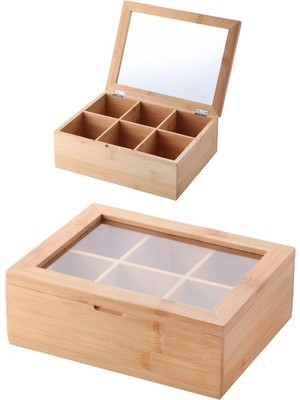 Happy Trend Bambu 6 Bölmeli Çay Kutusu -%100 Orjinal Bambu Mıknatıslı Kapak 21X16,5 X7CM