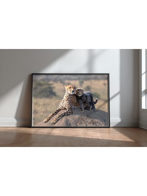 Keyf Home Cheetah And Cup! Siyah Çerçeveli Mdf Tablo Poster Salon Duvar Dekoru Hediye