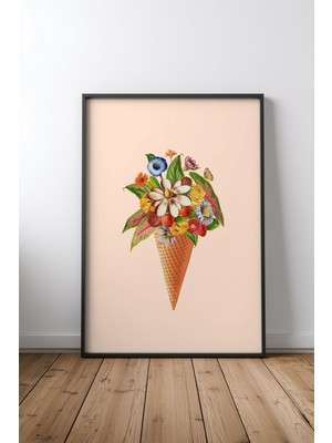 Keyf Home Botanical Pink Ice Cream Siyah Çerçeveli Mdf Tablo Poster Salon Duvar Dekoru Hediye