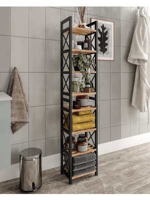 Happy Trend Banyo Rafı Organizer – Retro Tasarımlı Çok Amaçlı Düzenleyici Raf, Ahşap Çam Raflı, Dayanıklı Plastik Gövdeli, 3 Katlı Banyo ve Ev Organizeri, Kolay Kurulumlu (Siyah, Medium, 8)