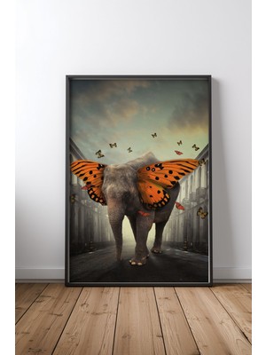 Keyf Home Fantastic Elephant Siyah Çerçeveli Mdf Tablo Poster Salon Duvar Dekoru Hediye