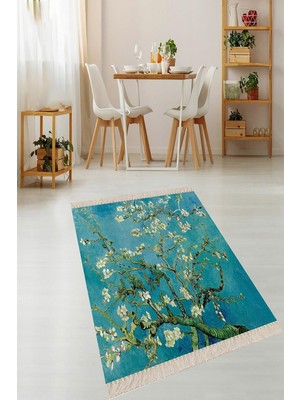 Happy Trend Mavi Van Gogh Badem Çiçekleri Tablo Dijital Baskı Yıkanabilir Salon Halı ve Yolluk, 40 x 40