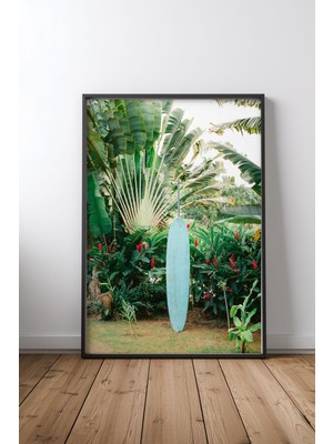 Keyf Home Blue Surfboard Siyah Çerçeveli Mdf Tablo Poster Salon Duvar Dekoru Hediye